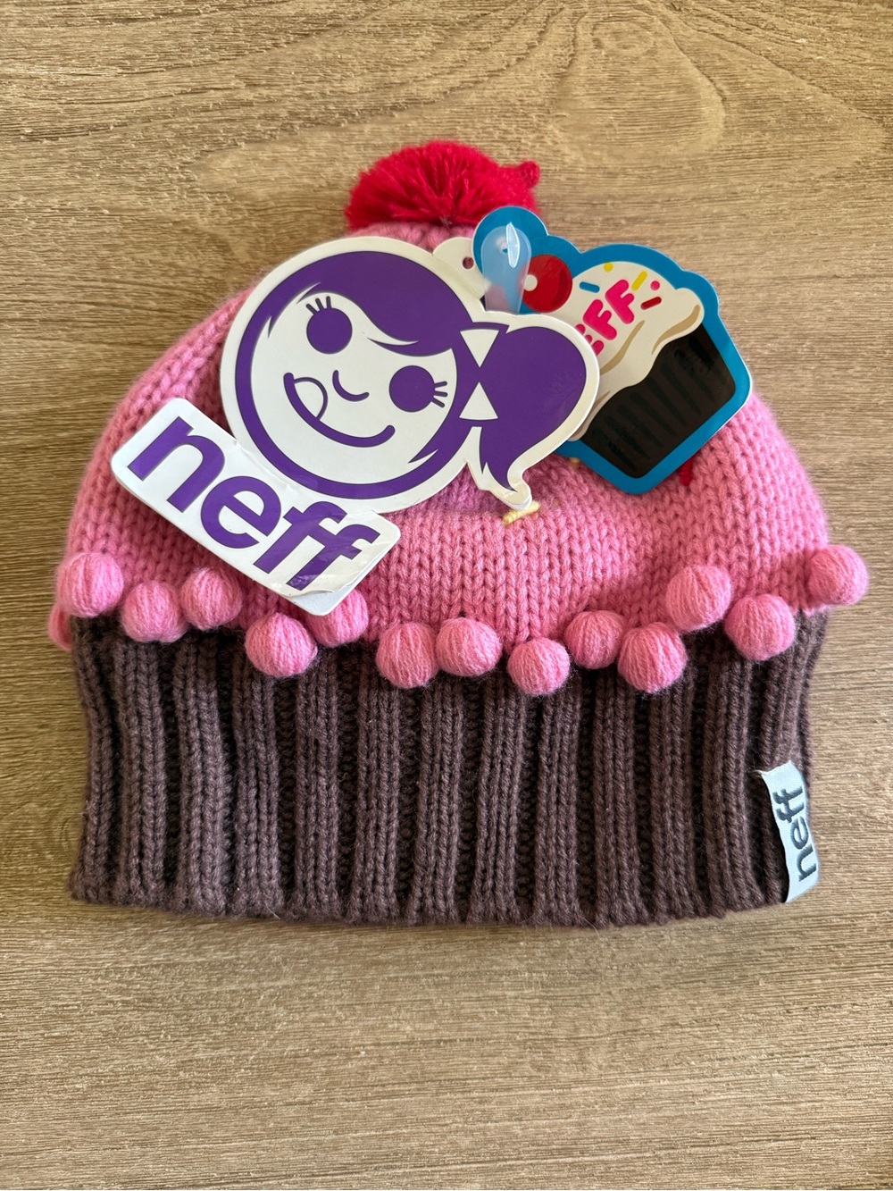 Neff Pink, Brown & Red Pom Pom Knit Beanie